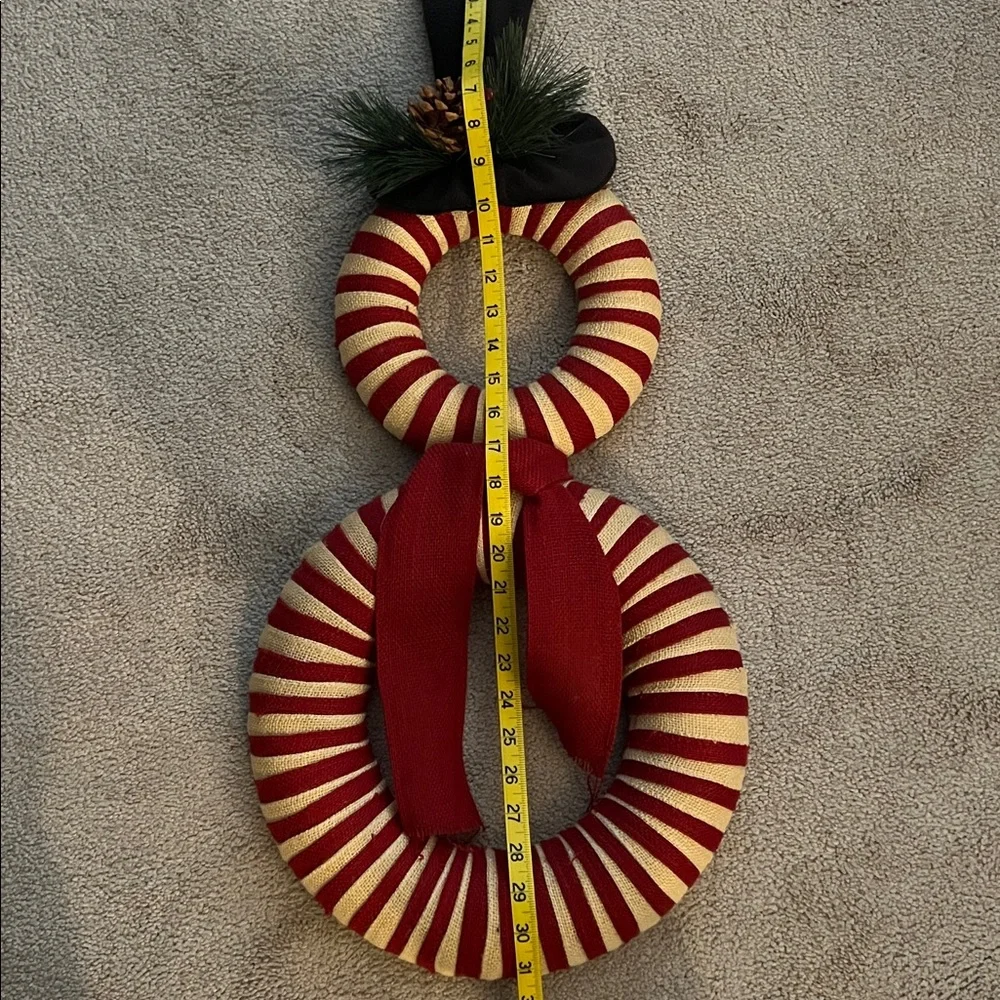 Vintage Hand crafted Festive Red and White Snowman Wreath Made with Burlap- EUC